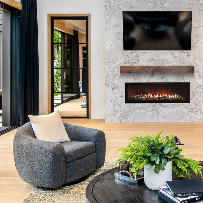 Empire Boulevard DVLL60 direct-vent fireplace — manufacturer installation illustration with logs and ridgeback liner