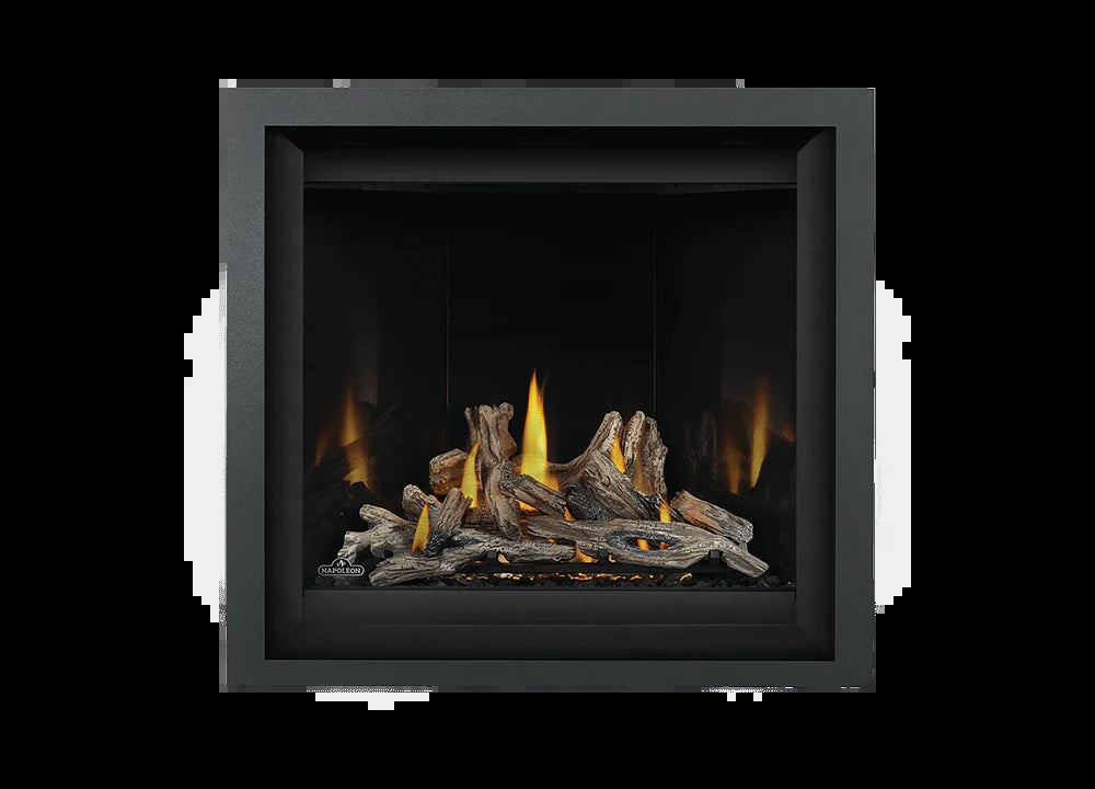 Napoleon Altitude A42 gas fireplace, front view with black surround and logs.