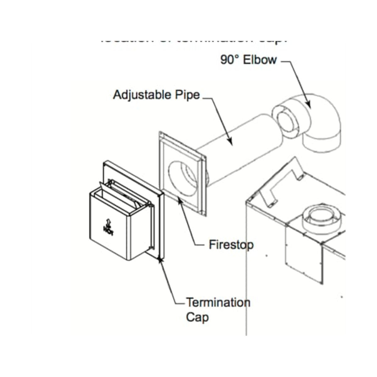 HHT Horizontal  Vent Termination Kit includes adj Termination Cap, 1" firestop, 3" firestop, 90 degree elbow, 9" - 12" adj. termination pipe DVP-HVTK