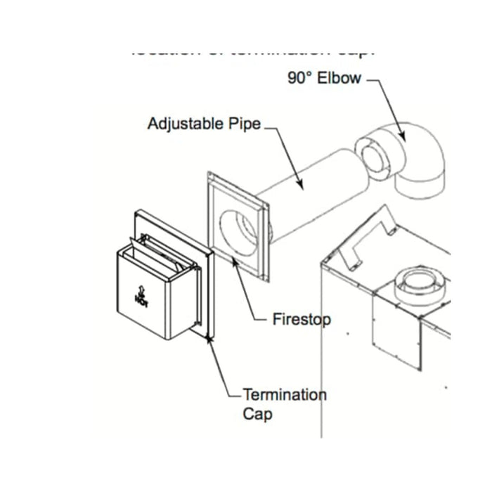 HHT Horizontal Vent Termination Kit includes adj Termination Cap, 1" firestop, 3" firestop, 90 degree elbow, 9" - 12" adj. termination pipe DVP-HVTK