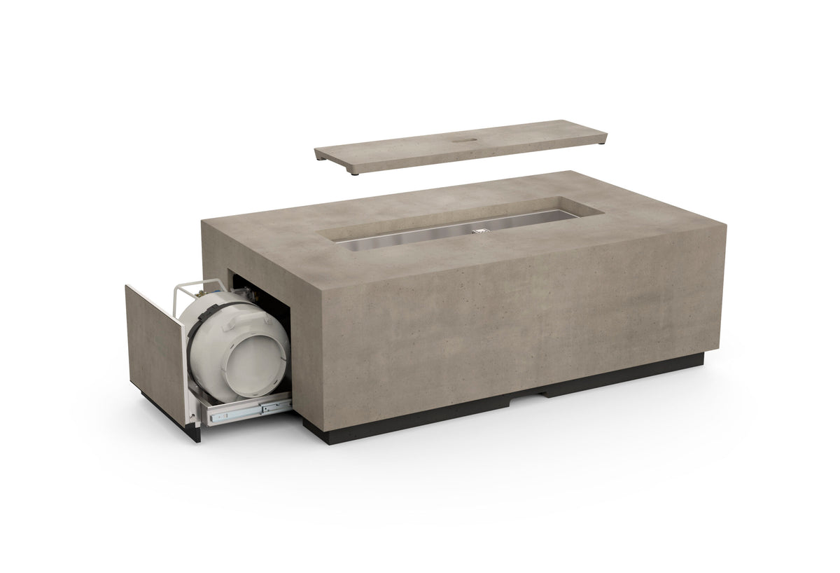 Official American Fyre Designs 585 manufacturer photograph; shown finish and optional decorative media are illustrative. Propane cylinder and site furnishings, where pictured, are not included.