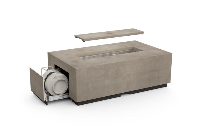 Official American Fyre Designs 585 manufacturer photograph; shown finish and optional decorative media are illustrative. Propane cylinder and site furnishings, where pictured, are not included.