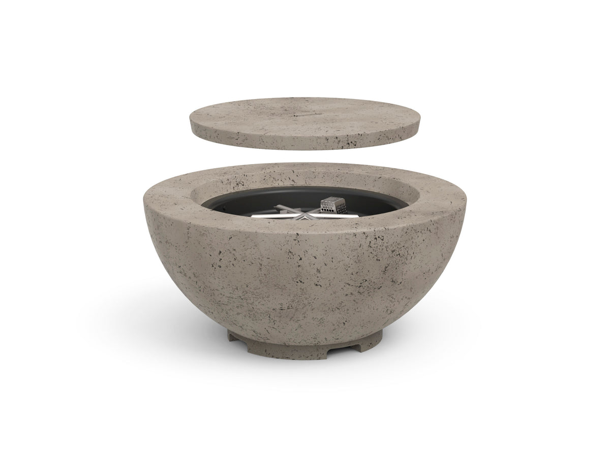 Official American Fyre Designs 735 manufacturer photograph; shown finish and optional decorative media are illustrative. Propane cylinder and site furnishings, where pictured, are not included.