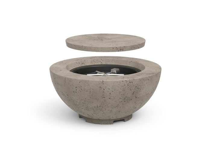 Official American Fyre Designs 735 manufacturer photograph; shown finish and optional decorative media are illustrative. Propane cylinder and site furnishings, where pictured, are not included.