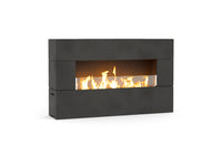 American Fyre Designs Milan Low 211-LO outdoor fireplace in Black Lava, manual-control family photograph; decorative media shown sold separately