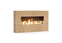 American Fyre Designs Milan Low 211-LO outdoor fireplace in Cafe Blanco, manual-control family photograph; decorative media shown sold separately