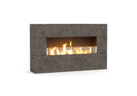 American Fyre Designs Milan Low 211-LO outdoor fireplace in Dark Basalt, manual-control family photograph; decorative media shown sold separately