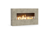 American Fyre Designs Milan Low 211-LO outdoor fireplace in Light Basalt, manual-control family photograph; decorative media shown sold separately