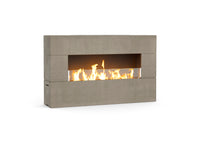 American Fyre Designs Milan Low 211-LO outdoor fireplace in Smoke, manual-control family photograph; decorative media shown sold separately