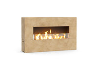 American Fyre Designs Milan Low 211-LO outdoor fireplace in Travertine, manual-control family photograph; decorative media shown sold separately