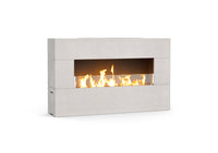 American Fyre Designs Milan Low 211-LO outdoor fireplace in White Aspen, manual-control family photograph; decorative media shown sold separately