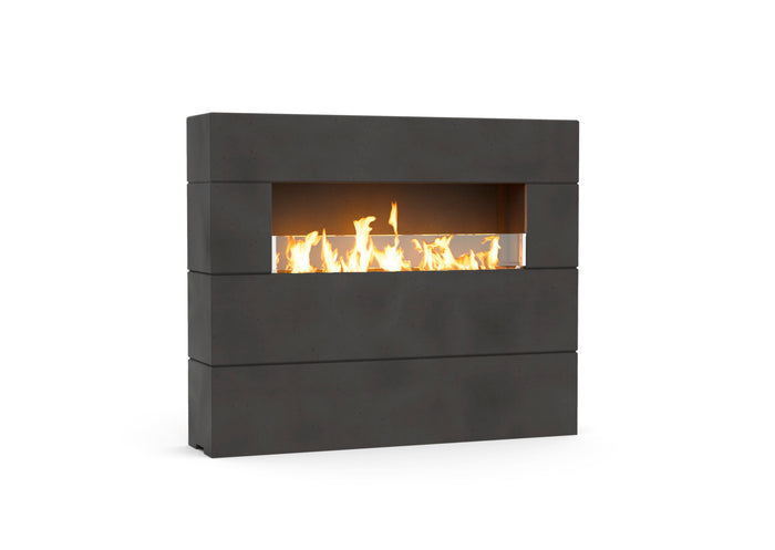 American Fyre Designs Milan Tall 211-TA outdoor fireplace in Black Lava, manual-control family photograph; decorative media shown sold separately