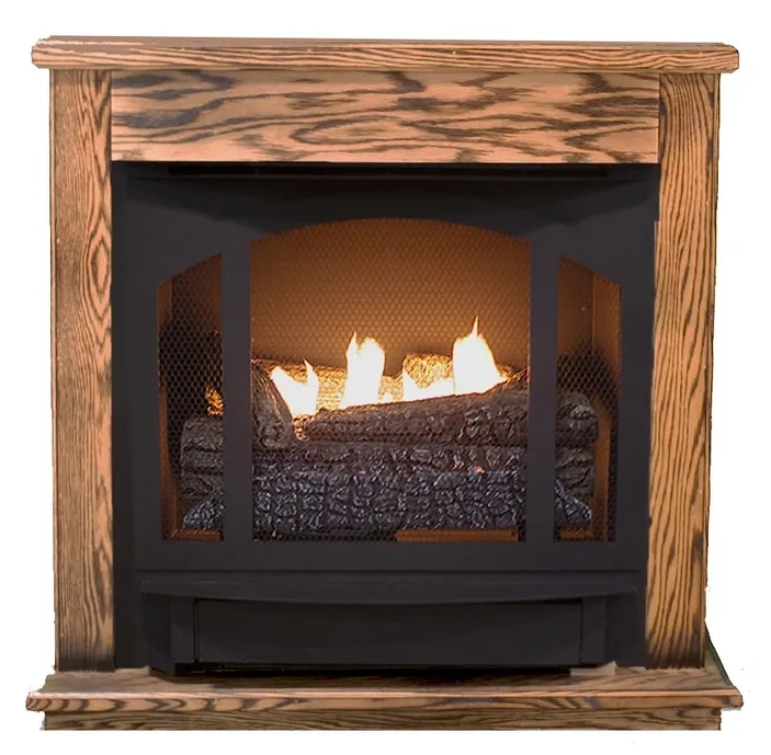 Buck Stove T33 mantel family front view in Dark Oak with separately sold stove; corner top and rear profile not visible, Unfinished color differs