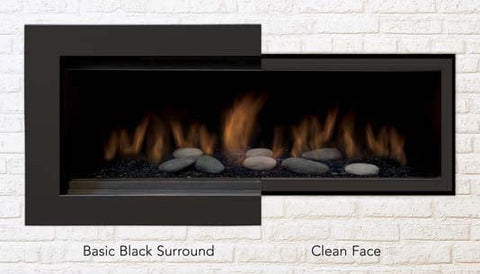 Sierra Flame LAM-BBS basic black surround shown on left; clean-face alternative shown on right for comparison. Fireplace sold separately.