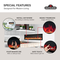 Napoleon fireplace series — manufacturer feature illustration. Model specifications are listed separately.