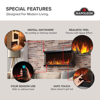 Napoleon fireplace series — manufacturer feature illustration. Model specifications are listed separately.