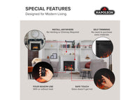 Napoleon fireplace series — manufacturer feature illustration. Model specifications are listed separately.