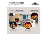Napoleon fireplace series — manufacturer feature illustration. Model specifications are listed separately.