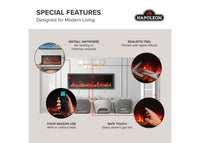Napoleon fireplace series — manufacturer feature illustration. Model specifications are listed separately.
