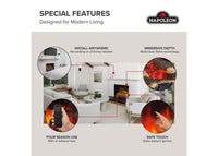 Napoleon fireplace series — manufacturer feature illustration. Model specifications are listed separately.