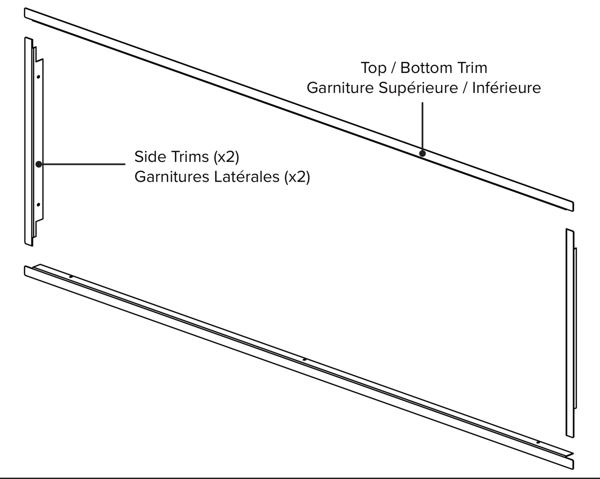 Napoleon FTLV50BK - Four-piece linear finishing trim; manufacturer series component illustration; dimensions vary by model