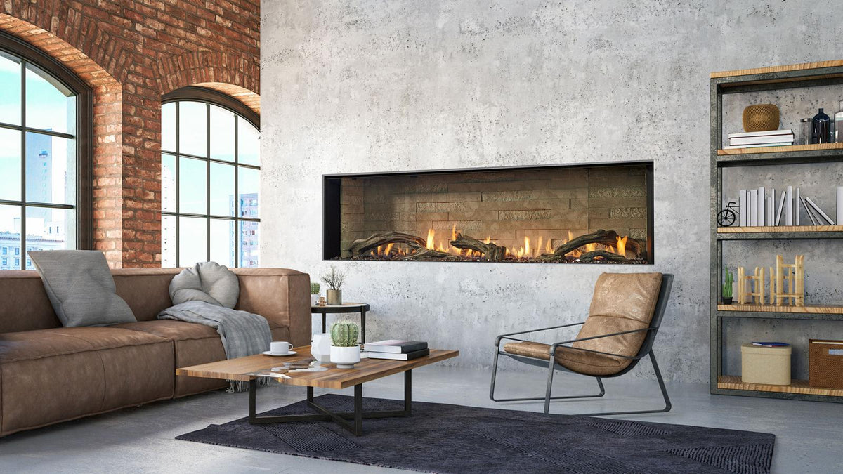 A linear fireplace in a warm furnished living room